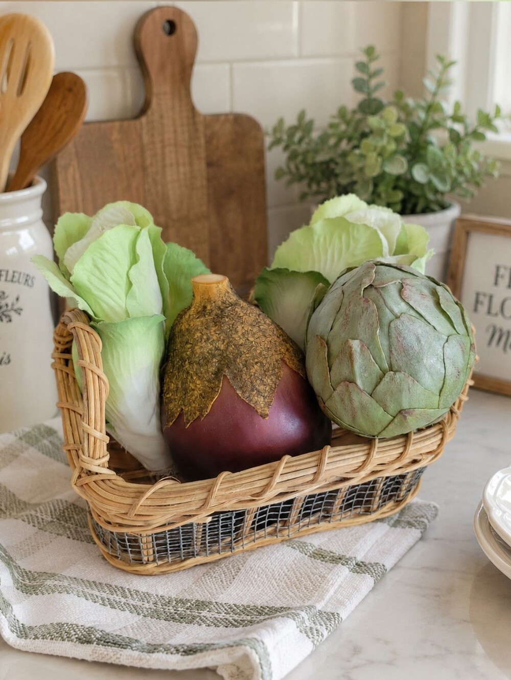 Vintage Silk Realistic Faux Vegetables & Farmhouse Basket Kitchen Decor